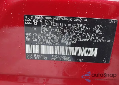 2011 Toyota Rav4 Limited из США, поврежденный, VIN 2T3DF4DV1BW171903